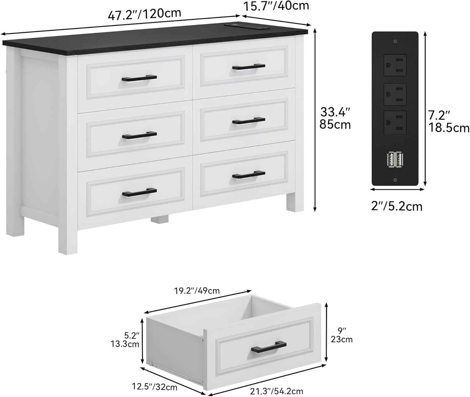 6 Drawer Dresser With Built In Power Outlet White And Black