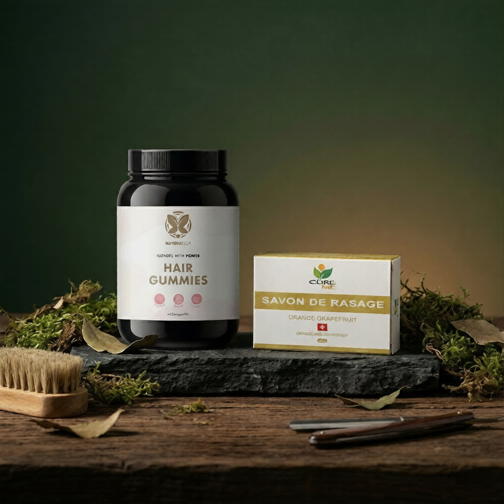 Hair gummies jar, soap bar, and brush on a wooden surface with a green background