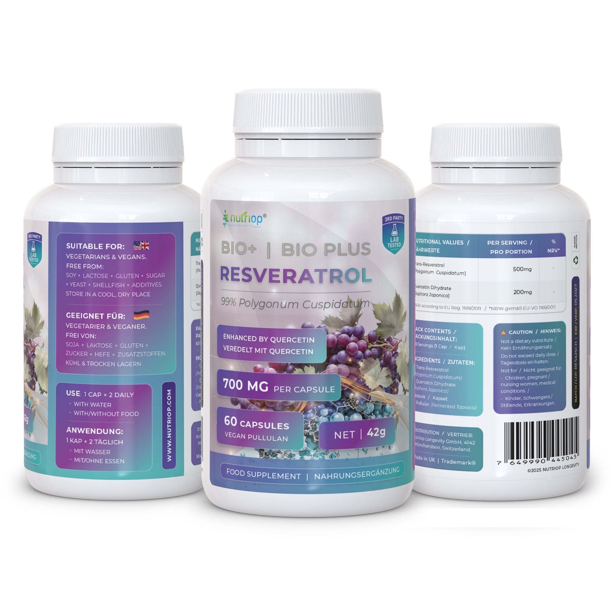 Bio-Enhanced Nutriop Longevity® Resveratrol with Pure Quercetin - 700mg Capsules (x60)-1