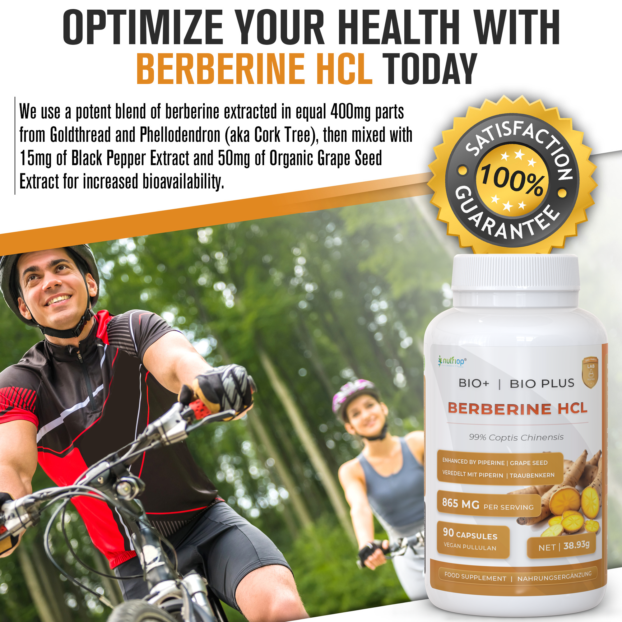 Nutriop Longevity® Bio-Enhanced Berberine HCL with Pure Organic Piperine and Grape Seed Extract - 865mg per serving (x45)-4