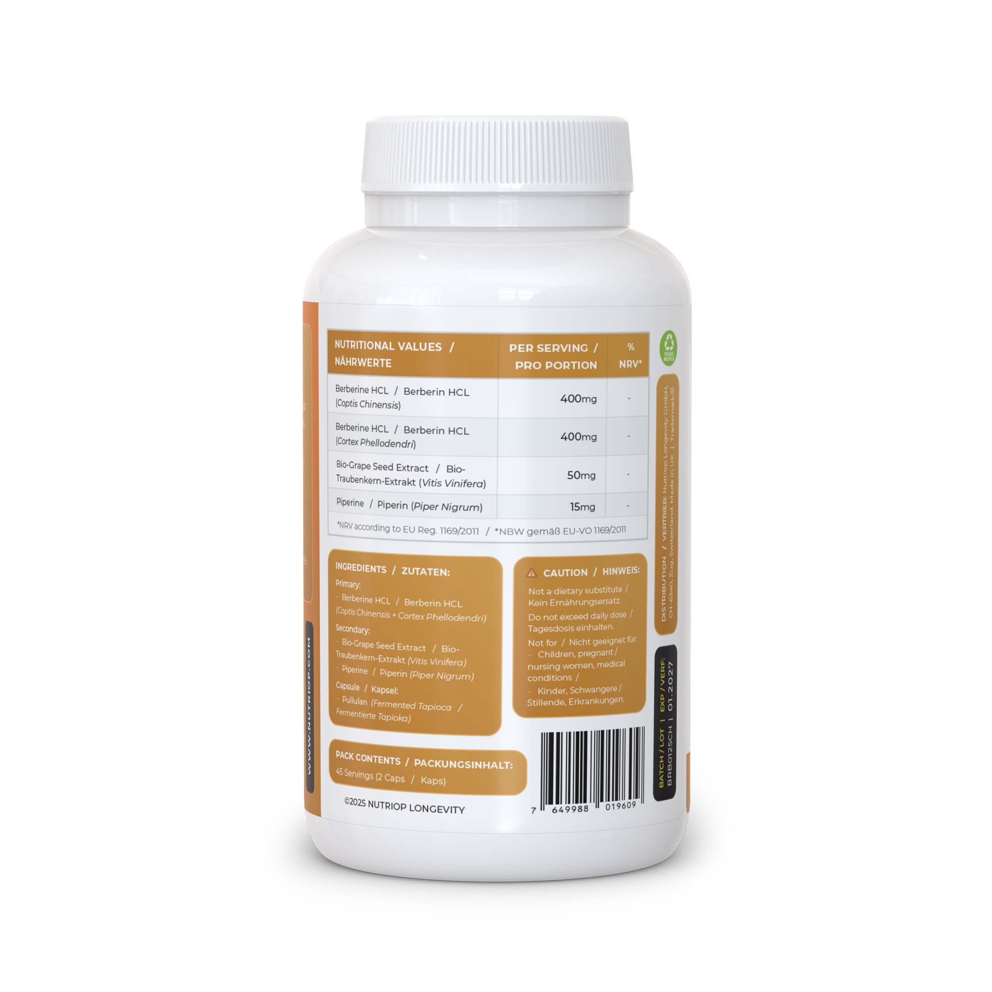 Nutriop Longevity® Bio-Enhanced Berberine HCL with Pure Organic Piperine and Grape Seed Extract - 865mg per serving (x45)-3