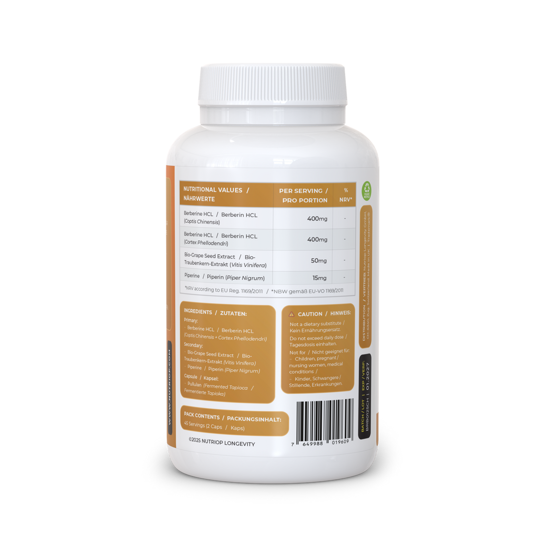 Nutriop Longevity® Bio-Enhanced Berberine HCL with Pure Organic Piperine and Grape Seed Extract - 865mg per serving (x45)-3