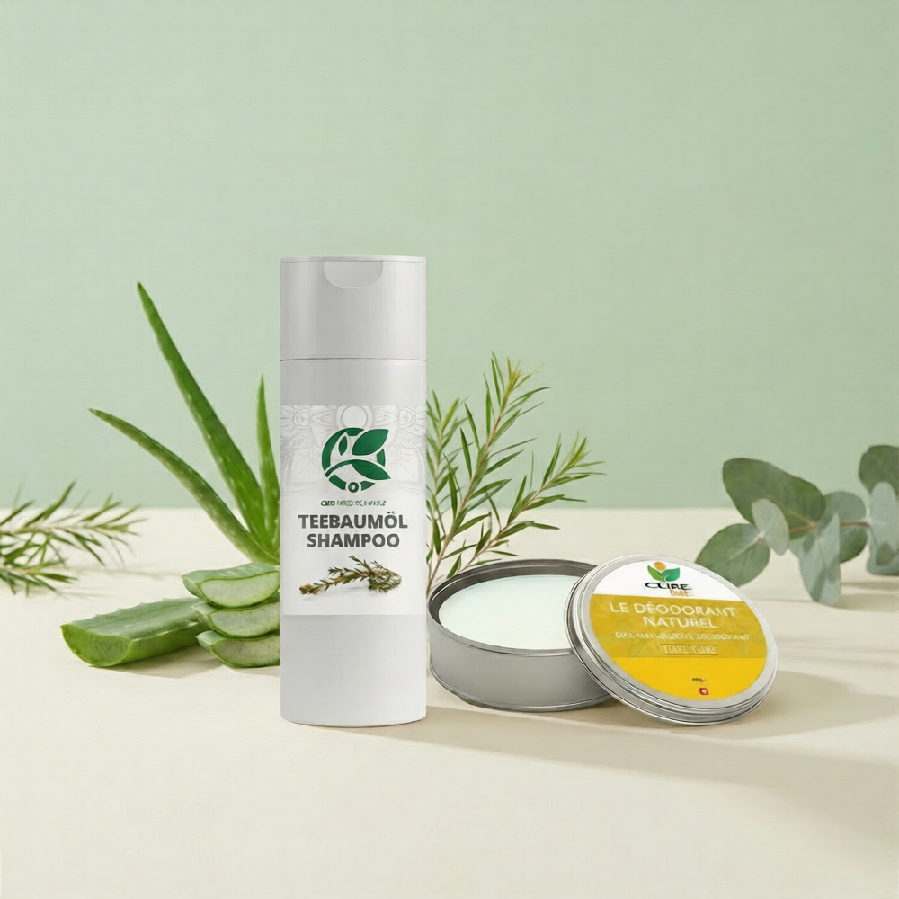 Teebaumol shampoo bottle with aloe vera and eucalyptus leaves on a light green background